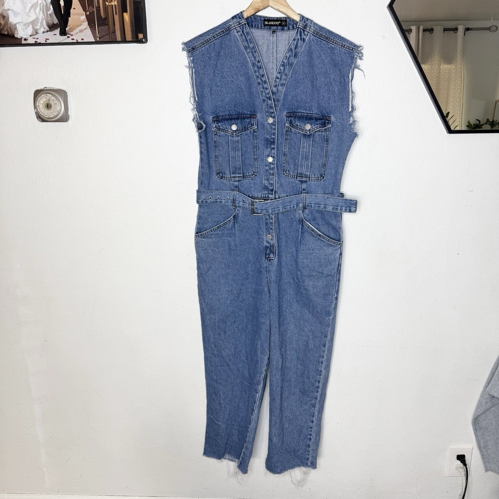 BlankNYC Sleeveless Denim Jumpsuit Waist Tie Cut Off Sleeves Women's Medium